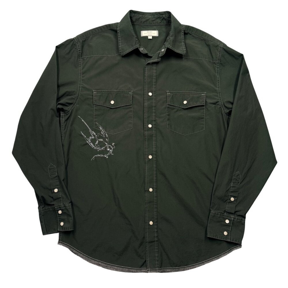 Old Navy Pearl Snap Shirt Embroidered Bird Mens M Olive Americana Indie Western